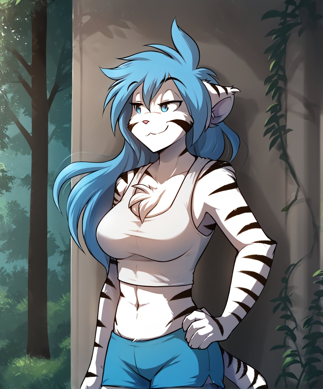 score_9, score_8_up, score_7_up,score_6_up,score_5_up, source_furryBREAKsolo, furry male anthro, long hair, large breasts, (seductive, smug), tank top, midriff, short shorts,  gym shorts, (outdoors, park), upper body shot<lora:Tiger-Trace-Twokinds-SDXL-AnonTK-V2-000015:1>, tiger-trace-twokinds, keidran, mammal, tiger tail, blue eyes 