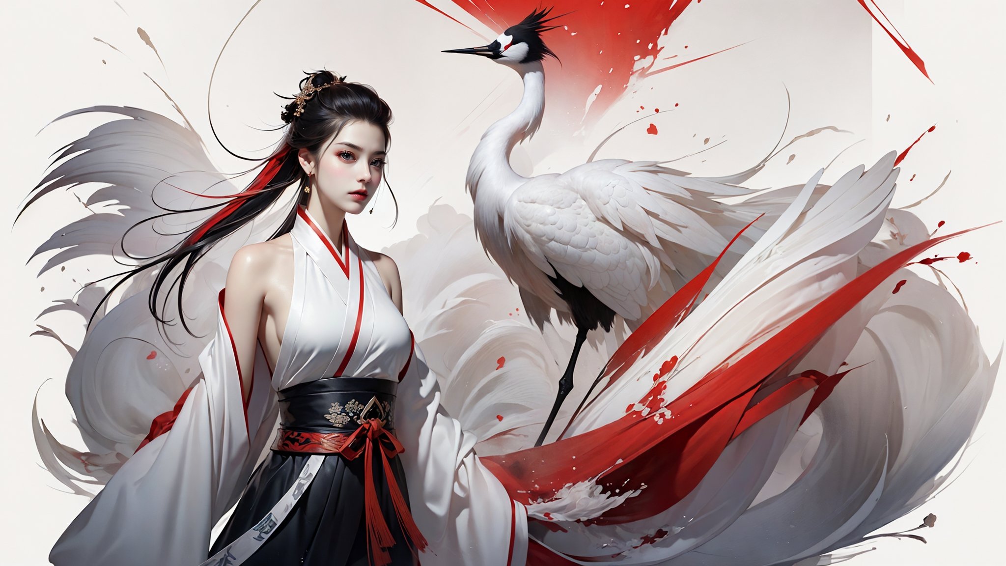 Ink painting, ink painting, splash-ink, ink splash, calligraphy, Chinese characters, Chinese character background，(Red crowned crane:1.2)，1girl，White hair, Hanfu,upper body，exposed shoulders，A shot with tension，(sky glows red,Visual impact,giving the poster a dynamic and visually striking appearance:1.2),Chinese Zen style,impactful picture,<lora:绪儿-鹤 Red crowned crane:0.8>，