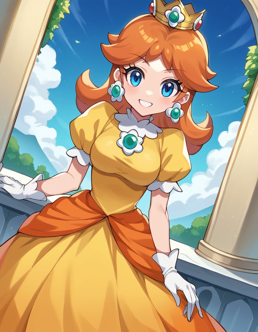 score_9, score_8_up, score_7_up, source_anime,princessdaisy, <lora:princess-daisy-ponyxl-lora-nochekaiser:1>,princess daisy, blue eyes, long hair, orange hair,crown, daisy, dress, flower, gem, gloves, orange dress, puffy short sleeves, puffy sleeves, short sleeves, white gloves,indoors, castle, smile,looking at viewer, cowboy shot, dutch angle,