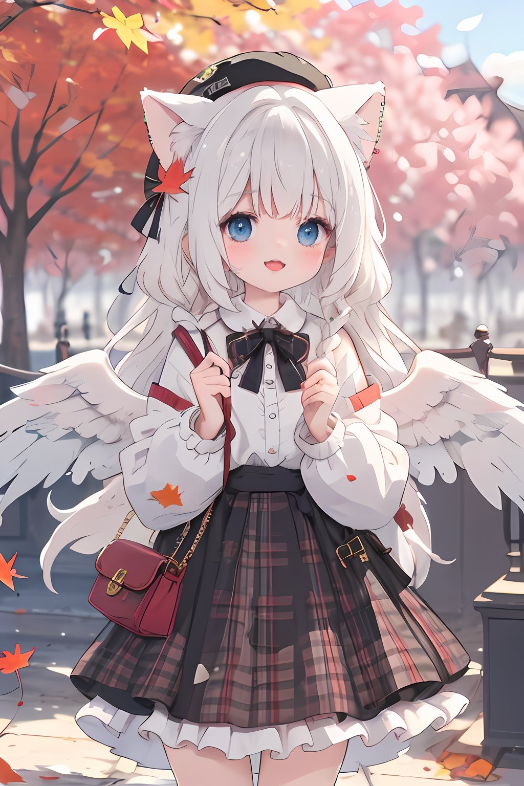 masterpiece,best quality,(shiny skin:1.3),1girl,solo,long hair,looking at viewer,blush,smile,open mouth,bangs,blue eyes,shirt,hair ornament,long sleeves,hat,dress,bow,ribbon,holding,animal ears,tail,braid,white hair,hair bow,hairband,outdoors,frills,wings,cat ears,bag,blurry,cat tail,animal ear fluff,plaid,bell,black bow,heterochromia,leaf,beret,piercing,frilled dress,x hair ornament,cat girl,ear piercing,feathered wings,angel wings,shoulder bag,white wings,tail ornament,brown dress,autumn leaves,maple leaf,autumn,falling leaves,plaid dress,holding leaf,