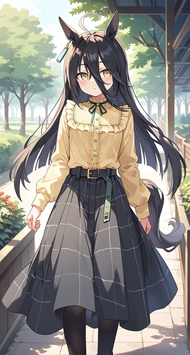 score_9,score_8_up,score_7_up,official art,official style,game cg,megami magazine,1girl,mht casual,manhattan cafe (umamusume),ahoge,animal ears,belt,belt buckle,black hair,black skirt,buckle,earrings,frilled shirt collar,frills,hair between eyes,highres,horse ears,jewelry,long hair,multicolored hair,neck ribbon,ribbon,shirt,shirt tucked in,single earring,skirt,yellow eyes,yellow shirt,blush,long sleeves,horse girl,black footwear,black pantyhose,horse tail,pantyhose,tail,black belt,casual,long skirt,very long hair,plaid,plaid skirt,puffy sleeves,eyebrows visible through hair,eyes visible through hair,frilled shirt,puffy long sleeves,standing,<lora:umamusume_manhattan_cafe_pony_v1:1>,