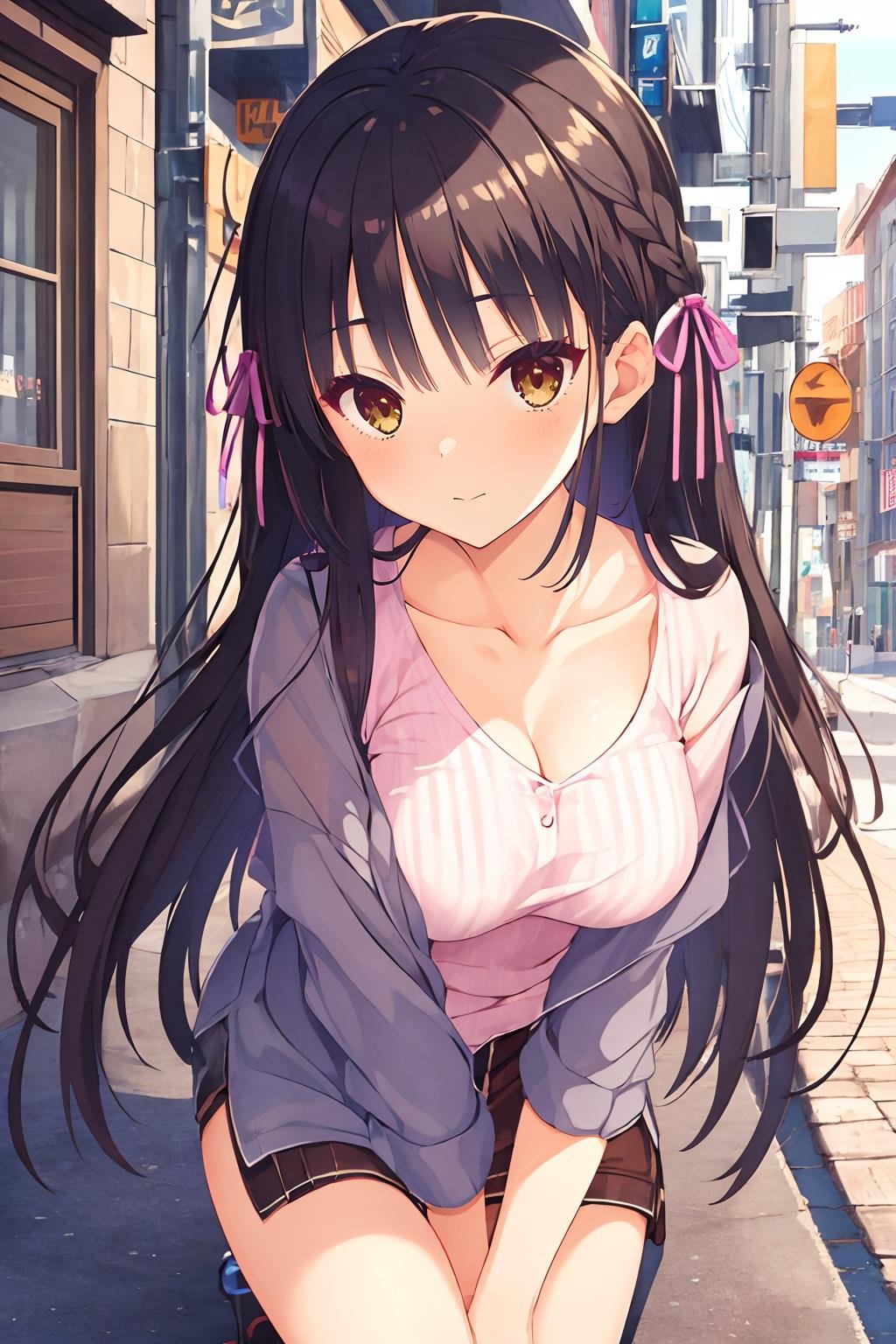 16k, highres, masterpiece, best quality, pinup of a cute girl in urban city, dutch angle, sntm, 1girl,very long hair, bangs, sidelocks, hair ribbon, braid, medium breasts,casual,  <lora:natsume_v1:0.7> 