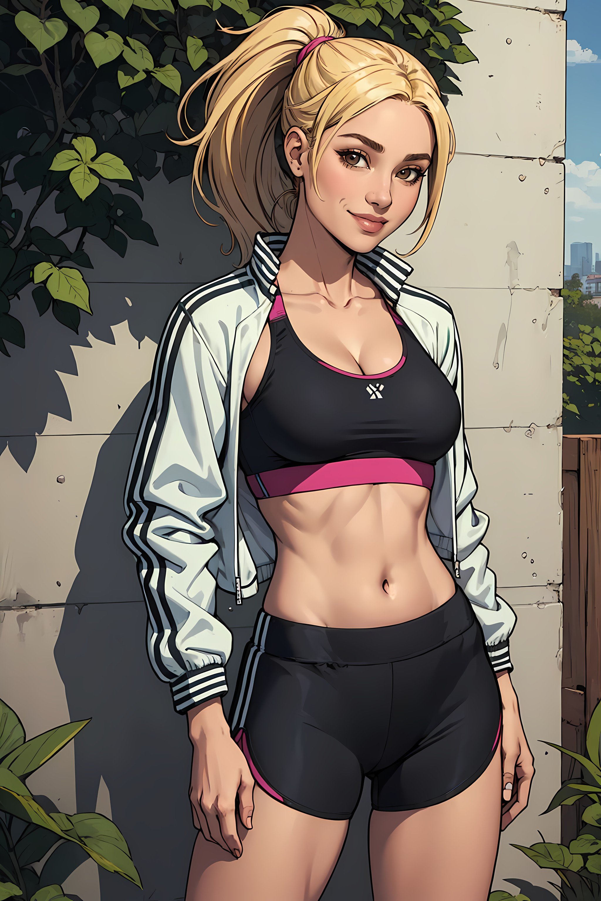 (masterpiece, highest quality, illustration), close-up, solo, woman, smile, blonde hair, ponytail, brown eyes, midriff, flat chest, (cleavage), (cropped jacket), sports bra, yoga shorts, facing the viewer, standing, outdoors, garden, wall