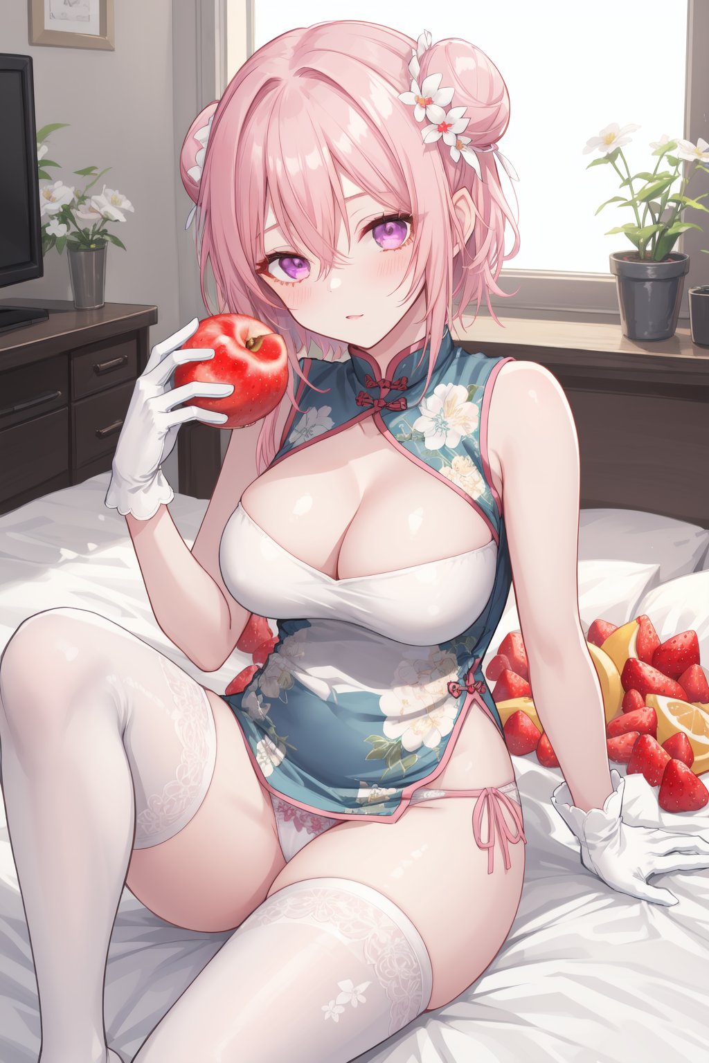 1girl, breasts, solo, white thighhighs, chinese clothes, china dress, underwear, cleavage, hair ornament, panties, hair flower, sitting, large breasts, side-tie panties, looking at viewer, holding, food, fruit, pink hair, holding food, bangs, hair bun, hair between eyes, cleavage cutout, holding fruit, gloves, thighs, white gloves, feather boa, pink eyes, bare shoulders, floral print, string panties, clothing cutout, sleeveless, knee up, purple eyes, on bed, white flower, blush, arm support, single hair bun, po style, s6xryc3, add9evlo65x, sfd6de8tv, sd6cepo5s, sf6ce9w8hd, sd69eogd, 5wsd6gics