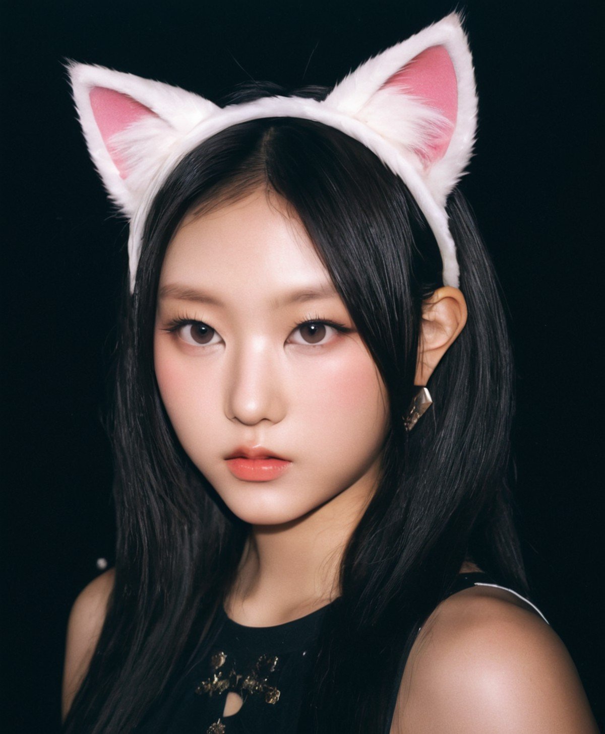 photograph asian kpop idol, young woman, cat ears, cats, 50mm . cinematic 4k epic detailed 4k epic detailed photograph shot on kodak detailed cinematic hbo dark moody, 35mm photo, grainy, vignette, vintage, Kodachrome, Lomography, stained, highly detailed, found footage