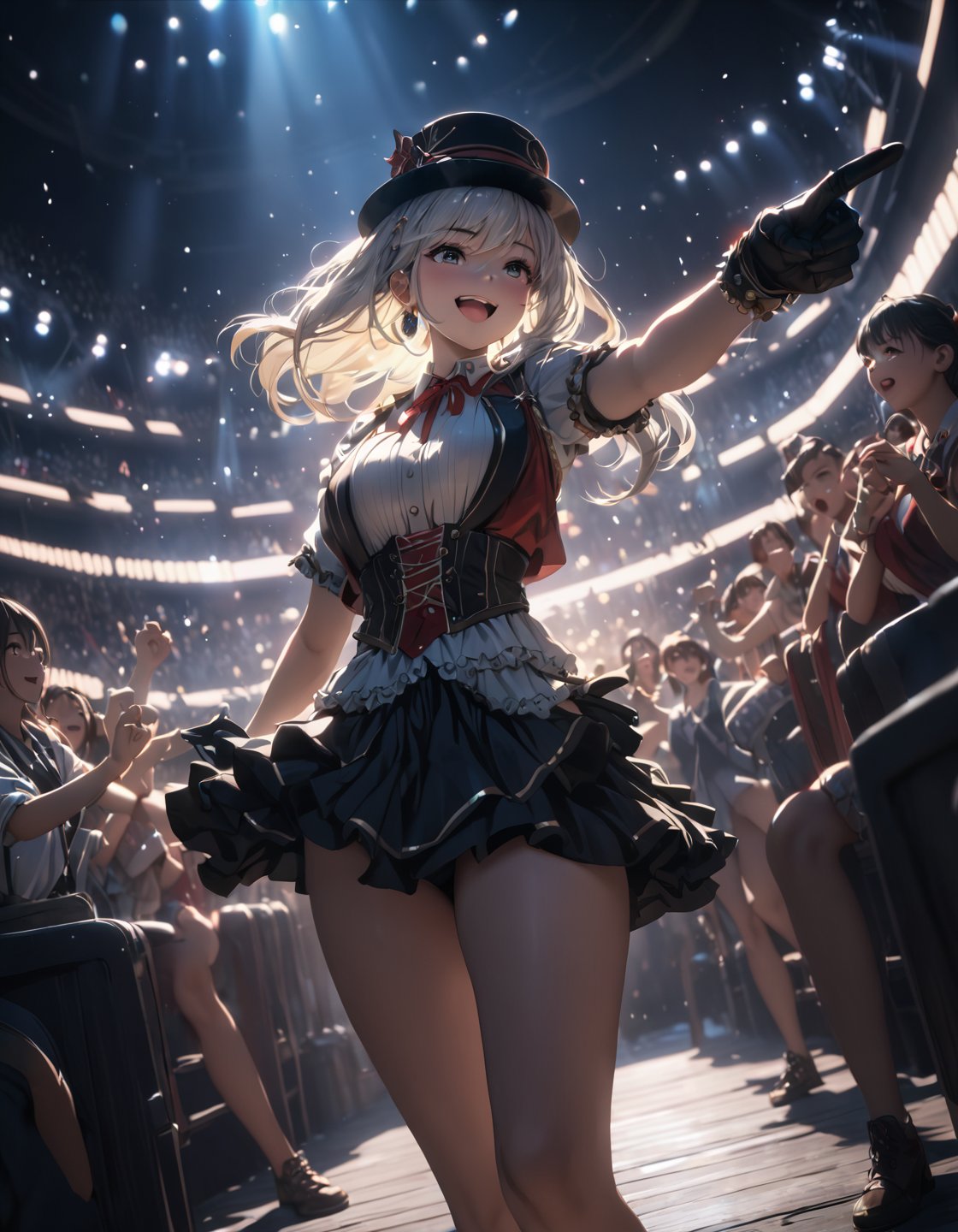 anime,1girl,white long hair,gray eyes, white shirt, idol clothes, one eye closed, red shirt, black skirt, black headwear, gloves, stage light, singing, open mouth, crowd, smile, pointing at viewer, masterpiece, best quality (Depth of field hdr 8k 4k wallpaper cinematic angle, cinematic lighting,:1.5) (masterpiece, best quality:2.0), (Depth of field hdr 8k 4k wallpaper cinematic angle, cinematic lighting,:1.5) (masterpiece, best quality:2.0)