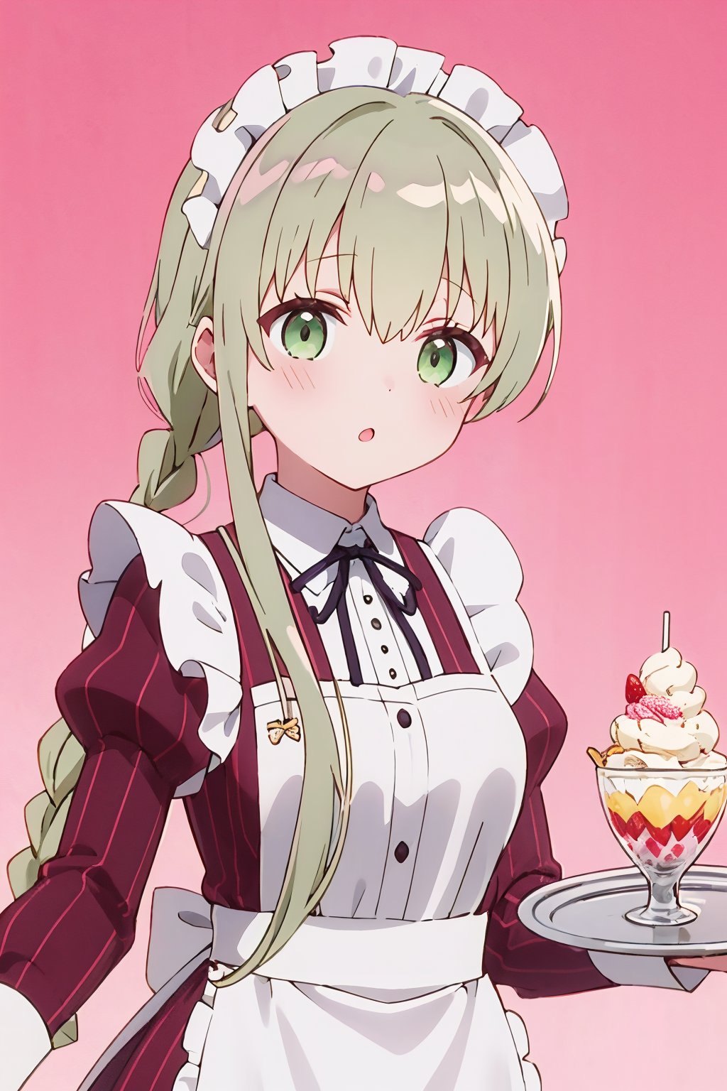 1girl, cecilia \(shiro seijo to kuro bokushi\), anime screencap, green eyes, solo, maid headdress, parfait, eyebrows visible through hair, blush, maid, tray, green hair, food, holding tray, parted lips, looking at viewer, white apron, juliet sleeves, frills, :o, very long hair, hair between eyes, striped dress, frilled apron, strawberry, neck ribbon, floral background, pink background, hair bow, maid apron, single braid, red dress, braided ponytail, alternate costume, black ribbon, blonde hair, fruit, blue bow, ice cream, enmaided, twin braids, white flower, center frills, vertical stripes, black neckwear, upper body, sidelocks, shirt, puffy long sleeves, collared dress, waist apron, open mouth, shiny hair, collared shirt, shiny, twintails, holding plate, plate, waitress<lora:cecilia_shiro_seijo_locon_v1:0.9>