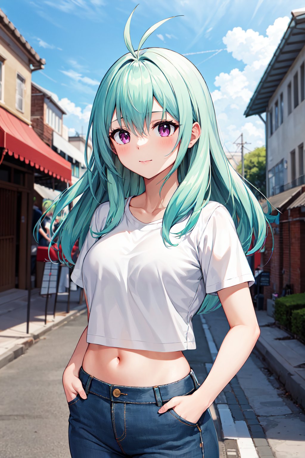 masterpiece, best quality, highres, aarej, solo, long hair, antenna hair, purple eyes, <lora:run_elsie_jewelria_v1:0.7>, crop top, white shirt, short sleeves, collarbone, midriff, jeans, hand in pocket, outdoors, street,