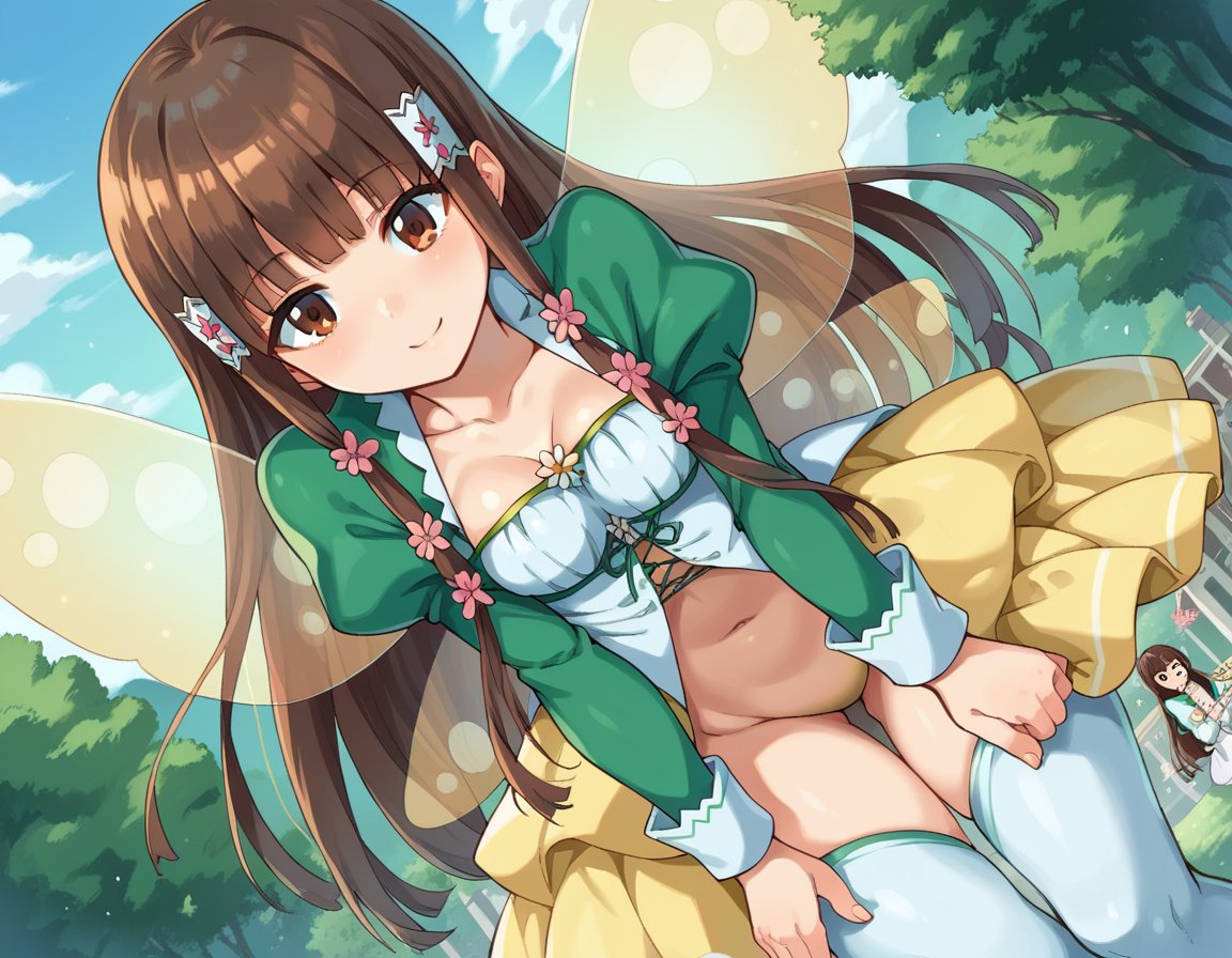 score_9, score_8_up, score_7_up, source_anime,koborii, <lora:koborii-ponyxl-lora-nochekaiser:1>koborii, brown eyes, brown hair, long hair, hair flower, hair ornament, sidelocks,fairy wings, juliet sleeves, long sleeves, navel, puffy sleeves, thighhighs, white thighhighs, wings,outdoors, amusement park, smile, bent over,looking at viewer, dutch angle, cowboy shot