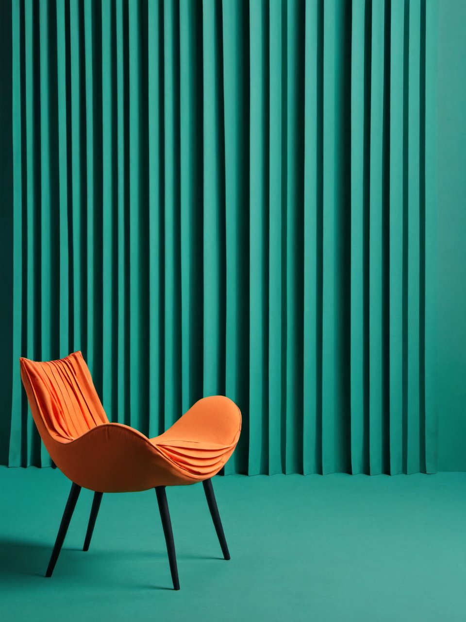 ,XCYP HOME, chair,still life,no humans,vibrant orange chair,pleated design,soft fabric folds,bold color,contemporary style,teal background,dramatic lighting.,