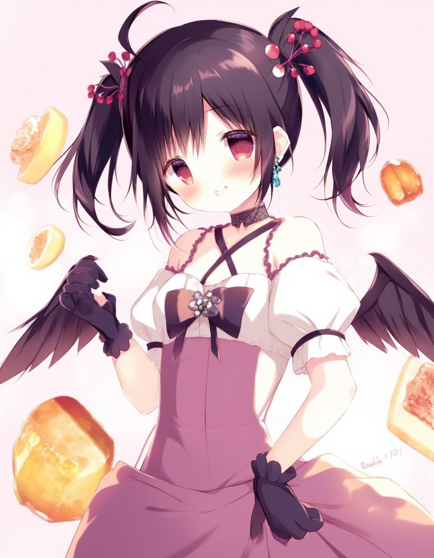 <lora:flux-shiratama-R2:1>,loli, 1girl, solo, yazawa_nico, gloves, twintails, black_hair, smile, red_eyes, black_gloves, bow, jewelry, choker, hair_bow, skirt, \m/, earrings, food, dress, long_hair