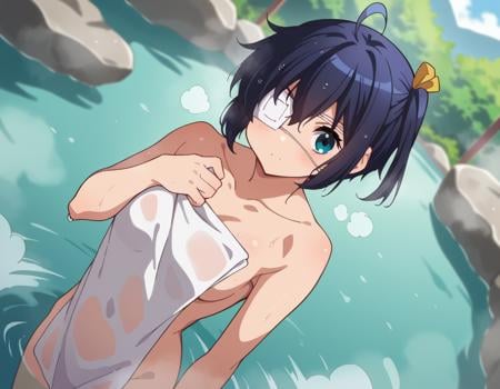 score_9, score_8_up, score_7_up, source_anime,rikkatakanashi, <lora:rikka-takanashi-s2-ponyxl-lora-nochekaiser:1>,rikka takanashi, short hair, blue eyes, black hair, ahoge, one side up, eyepatch, medical eyepatch,nude, naked, outdoors, onsen, towel, naked towel, steam, bathing, nude cover, partially submerged, water, bath, steam censor, wet towel,looking at viewer, cowboy shot, dutch angle, solo,