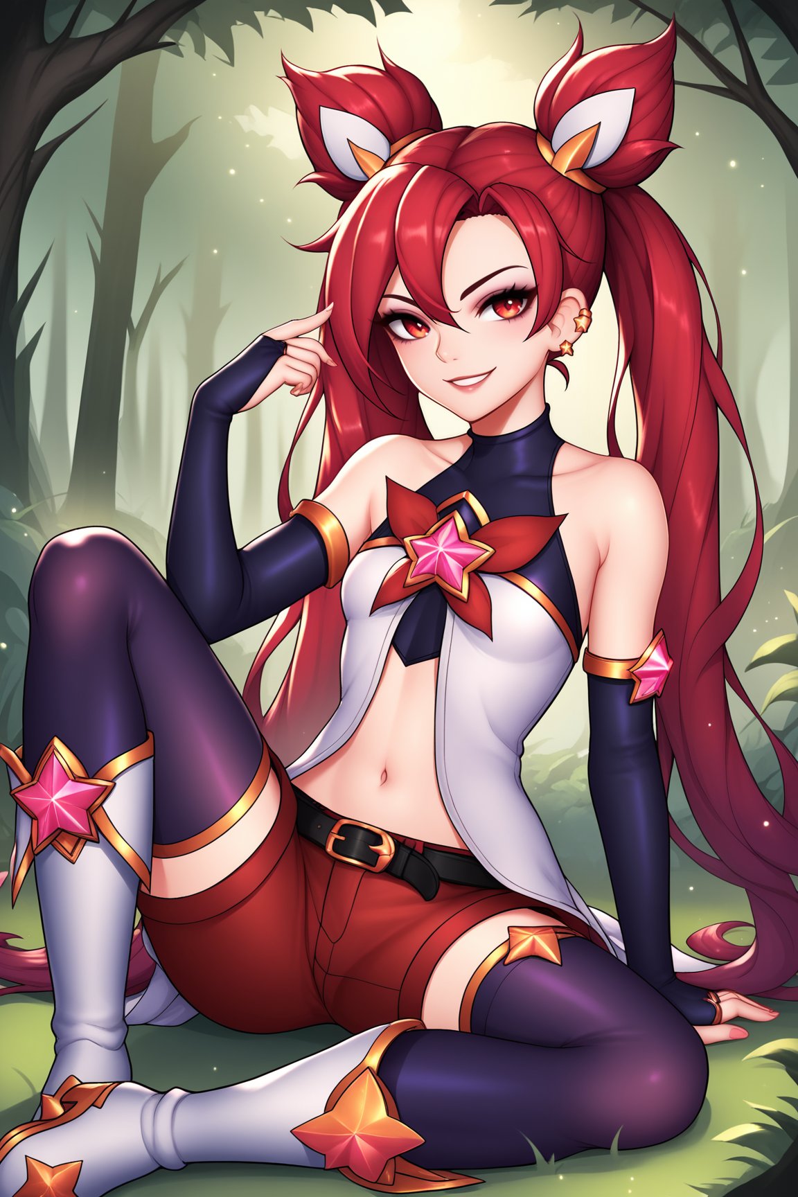 score_9, score_8_up, score_7_up, score_6_up, score_5_up, score_4_up, JinxSGLoLXL, star guardian (league of legends), red eyes, red hair, hair between eyes, twintails, cone hair bun, long hair, bangs, ear piercing, small breasts, bare shoulders, white dress, star (symbol), black elbow gloves, white elbow gloves, navel, black belt, red shorts, purple thighhighs, white boots, solo, sitting, seductive smile, looking at viewer, forest, tree <lora:JinxSGLoLXL:0.8>