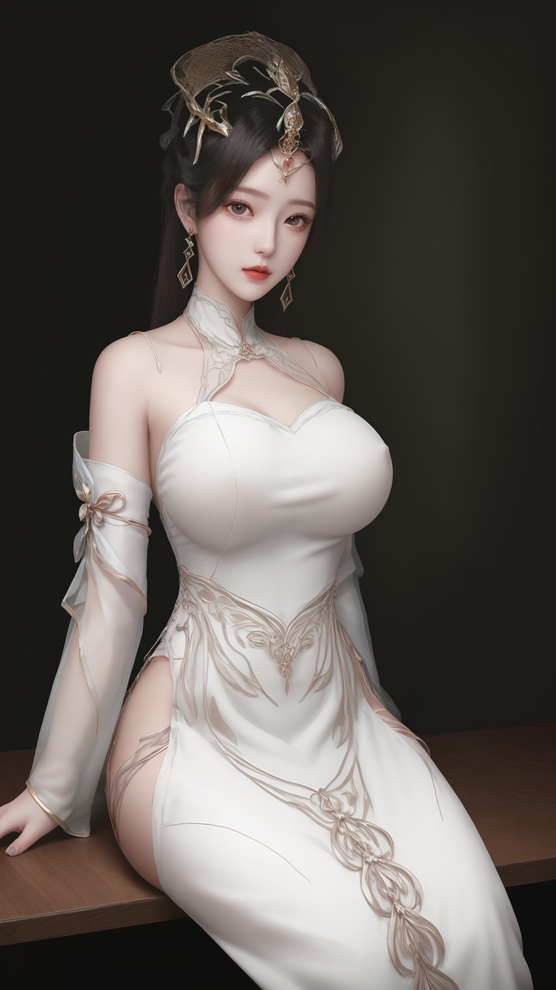 (1girl),smooth chin,masterpiece,detailed face,((hair ornament)),top quality,4k,make up,best quality,large breasts,(looking at viewer),green line on white dress,hair pin,detached sleeves,mature female,forehead mark,<lora:柳神SD1.5_v1.0:0.85>,gown,aged up,(sitting on table),on street,ribbon,arms behind back,open arms,