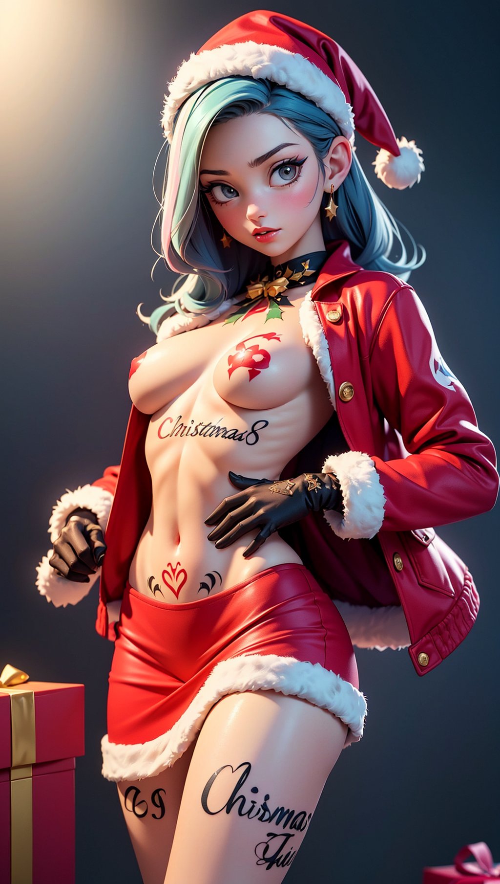 (1girl:1.2, body covered in words, words on body:1.1, christmas tattoos of (words) on body:1.2),(masterpiece:1.4, best quality),medium breasts,(intricate details),unity 8k wallpaper,ultra detailed,(pastel colors:1.3),beautiful and aesthetic,red christmas jacket (clothes),detailed,solo,