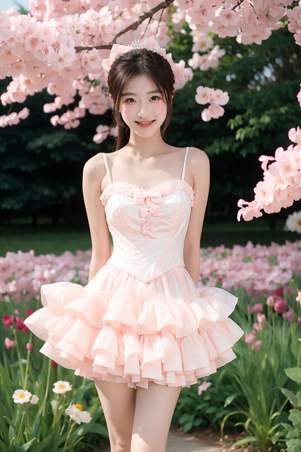 1girl,solo,looking_at_viewer,(arms_behind_back:1.2),(light pink princess dresses:1.1),smileFlower field<lora:EMS-345668-EMS:0.900000>