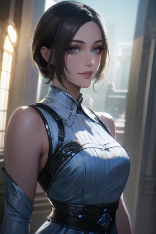 ((masterpiece)), ((best quality)), (ultra-detailed), absurdres, extremely detailed CG unity 8k wallpaper, Official Art, (realistic), [beautiful face, detailed hands, expressive eyes:0.5], upper body, [close up:0.5], solo, scenery, illustration, dramatic lighting, standing, smile, 1girl, sharp eyelashes, lips, dress ((masterpiece)), , absurdres, HDR