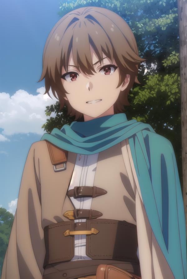 keyaru, <lora:keyaru s1-lora-nochekaiser:1>,keyaru, short hair, (brown eyes:1.5), brown hair, male focus, smile, grin,BREAK cape, armor,BREAK outdoors, forest, nature, grass, trees, sun, sky, clouds,BREAK looking at viewer, (cowboy shot:1.5),BREAK <lyco:GoodHands-beta2:1>, (masterpiece:1.2), best quality, high resolution, unity 8k wallpaper, (illustration:0.8), (beautiful detailed eyes:1.6), extremely detailed face, perfect lighting, extremely detailed CG, (perfect hands, perfect anatomy),