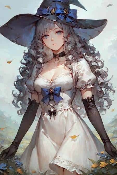 score_9, score_8_up, score_7_up, 1girl, witch hat, hat, solo, long hair, flower, dress, choker, puffy sleeves, looking at viewer, grass, white dress, bow, hat bow, white hair, black choker, plant, outdoors, blue eyes, purple eyes, black headwear, bangs, long sleeves, gloves, witch, blue bow, wavy hair, short sleeves, puffy short sleeves, elbow gloves, black gloves, standing, field, grey hair, sky, purple bow, breasts, curly hair, parted lips, expressionless, cowboy shot, closed mouth, leaf <lora:Concept Art Style SDXL_LoRA_Pony Diffusion V6 XL:1>