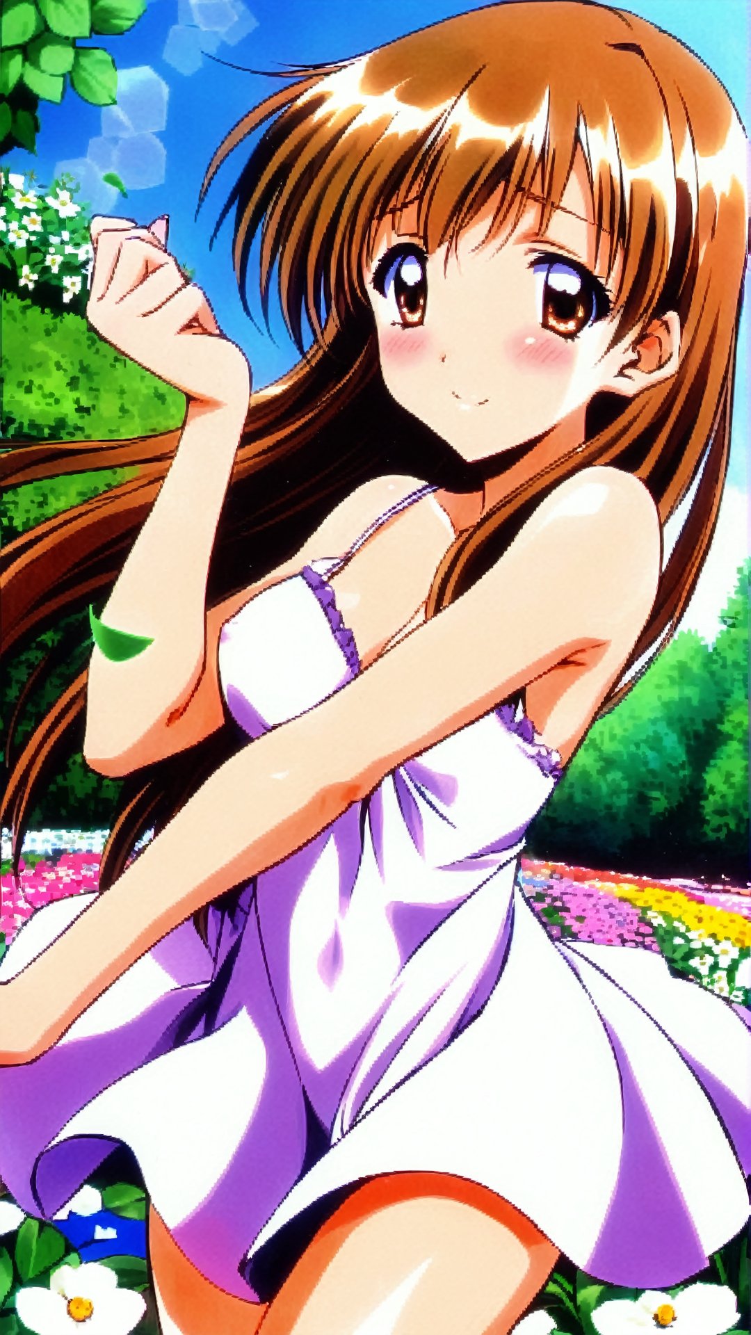 Sawatari Honoka, Brown Hair, Long Hair, Hair Ribbon, Brown Eyes,summer dress, (nsfw), (uncensored), (score_9), score_8_up, score_7_up, score_6_up, score_5_up, source_anime, cowboy shot, dynamic pose, 1 girl, solo, happy smile joy, blush, ashamed, shy, sexy, charming, alluring, seductive, enchanting, erotic,((outdoors)), ((flower garden)), ((flowers)), ((many flowers)), spring petals, petals of flowers, spring, falling petals, flying butterflies<lora:EMS-381990-EMS:0.800000>