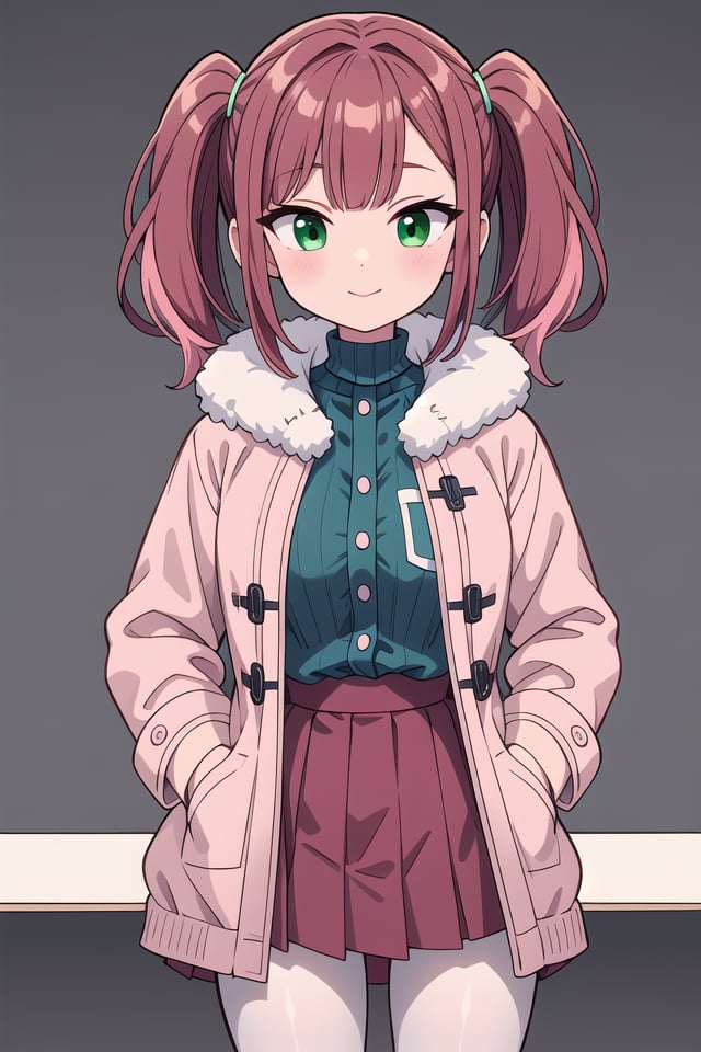 insanely detailed, absurdres, ultra-highres, ultra-detailed, best quality,1girl, solo, nice hands, perfect handsBREAK(pink and white theme:1.4), (Wearing a (long sleeve pink coat with fur color) over a white high neck blouse:1.4), (fur cuffs:1.3), (double pillar button:1.3), (pocketless:1.4), (plain ivory-white pantyhose:1.4), (pink heeled boots with lace-up:1.2)BREAK(wine-red pleated skirt:1.3)BREAK(nsfw:-1.5)BREAKhappy smile, laugh, closed mouthBREAK(45 angle:-1.5), (from side:-1.5),standing, cowboy shot, looking at viewerBREAKslender, kawaii, perfect symmetrical face, ultra cute girl, ultra cute face, ultra detailed eyes, ultra detailed hair, ultra cute, ultra beautifulBREAKin school ground, depth of field, ultra detailed backgroundBREAKmedium large breastsBREAKhime cut, (twintails:1.3), messy hair, medium hair, (red brown hair, emerald green eyes:1.3)<lora:eyecolle_marigold_v100:0.5> <lora:eyecolle_artemisia_v100:0.5>