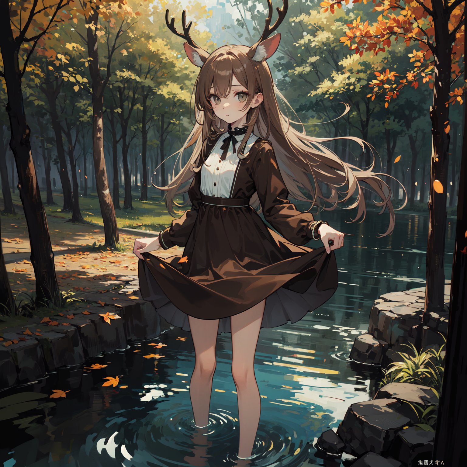 8k,4k,ultrares,highres,(masterpiece, top quality, best quality),extreme detailed,colorful,highest detailed,ultra-detailed,(highly detailed CG illustration),(Gorgeous background),ultra-fine painting,Vivid Colors,forest,bridge,river,deer ears,deer,tree,dappled sunlight, falling leaves, floating hair, outdoors, market stall, wooden bucket, water,wading,(1girl),(solo),full body,looking at viewer,emphasis lines,sexually suggestive,brown hair,very long hair,empty eyes,flat chest,covered ears,shiny skin,swept bangs,wet hair,brown eyes,forehead,((, puzzled expression,puzzled look,spoken question mark),full-face blus)anklet,barefoot,((brown dress)), ((very long dress,long sleeves)),