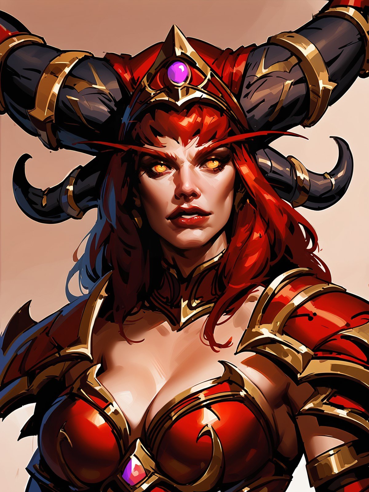 score_8_up, score_7_up, portrait of beautiful alexstrasza, big breasts, red armor, warcraft, painting, simple background, 