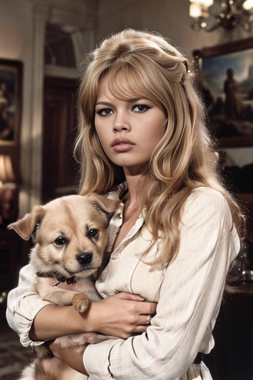 cinematic film still (masterpiece,best quality:1.2), high detailed,realistic,<lora:BrigitteBardotSD_v2.1merged:1>Brigitte Bardot is  a woman holding a dog in her arms, shallow depth of field, vignette, highly detailed, high budget Hollywood film, cinemascope, moody, epic, gorgeous