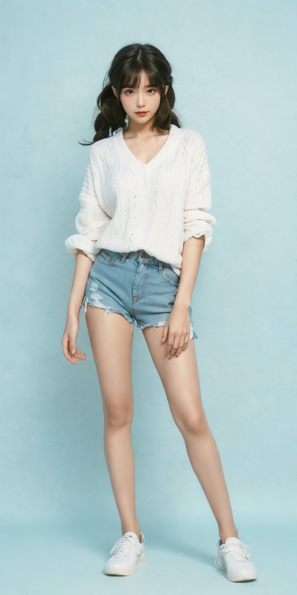 1girl,(standing:1.3),(denim_shorts:1.2),(blue background:1.3),(white sweater:1.2),white sneaker,