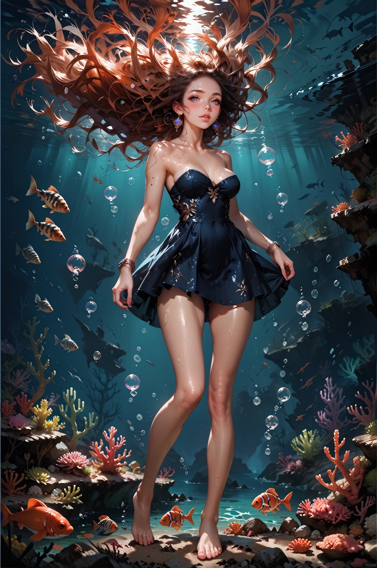 score_9, score_8_up, score_7_up, score_6_up, 1girl,under water, in a the ocean, fish, coral, floating hair, bubbles, ((floating, swimming)), barefoot, sagging breasts, long hair, <lora:LOAlut3rr4b411XL:0.7>, LOAlut3rr4b411XL, minidress, strapless,  earrings, <lora:hand 4:0.3> , <lora:sinfully_stylish_SDKL:0.5> <lora:Fant5yP0ny:0.35> <lora:Concept Art DarkSide Style LoRA_Pony XL v6:0.65> concept art, realistic, dark theme, low light, 