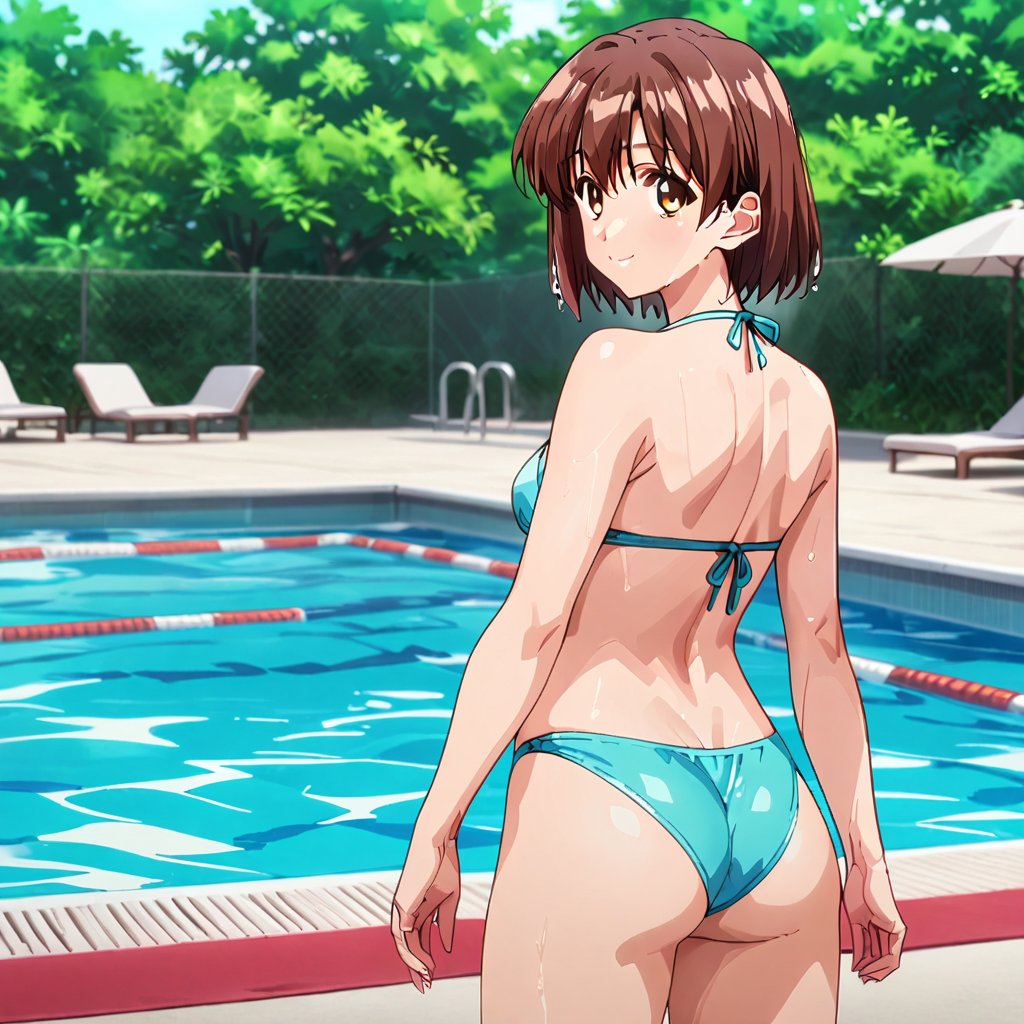 satou nozomi,1girl, solo, pool, swimsuit, solo, water, bikini, ass, looking back, wet, smile, outdoors, day, looking at viewer, tight body,standing,masterpiece, perfect face, best quality, beautiful girl, cute girl, beautiful eyes, shiny eyes, anime coloring, anime screencap, absurdres, award winning, <lora:satou nozomi anim:0.8>