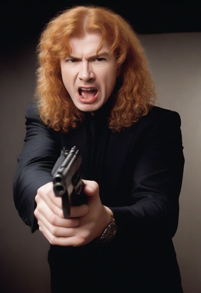 dave_mustaine, red hair, curly hair, solo male, young man, holds gun, shooting, screaming, shocked