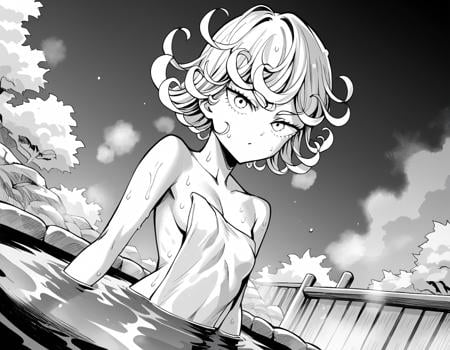 score_9, score_8_up, score_7_up, source_anime,tatsumaki, <lora:opm-tatsumaki-manga-ponyxl-lora-nochekaiser:1>,tatsumaki, short hair, curly hair, monochrome, greyscale,nude, naked, outdoors, onsen, towel, naked towel, steam, bathing, nude cover, partially submerged, water, bath, steam censor, wet towel,looking at viewer, cowboy shot, solo, dutch angle,