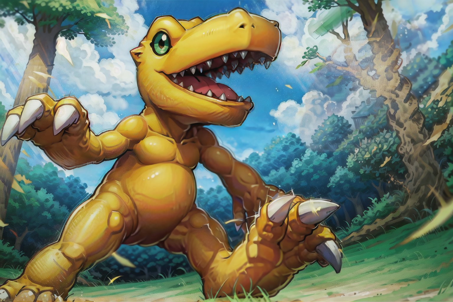 masterpiece, 8K, best quality,  agumon , pikachu, in a forest, wide angle, very long shot <lora:Agumon:1> <lora:pokepikaLoraFileForA_pokepikaV1:1>