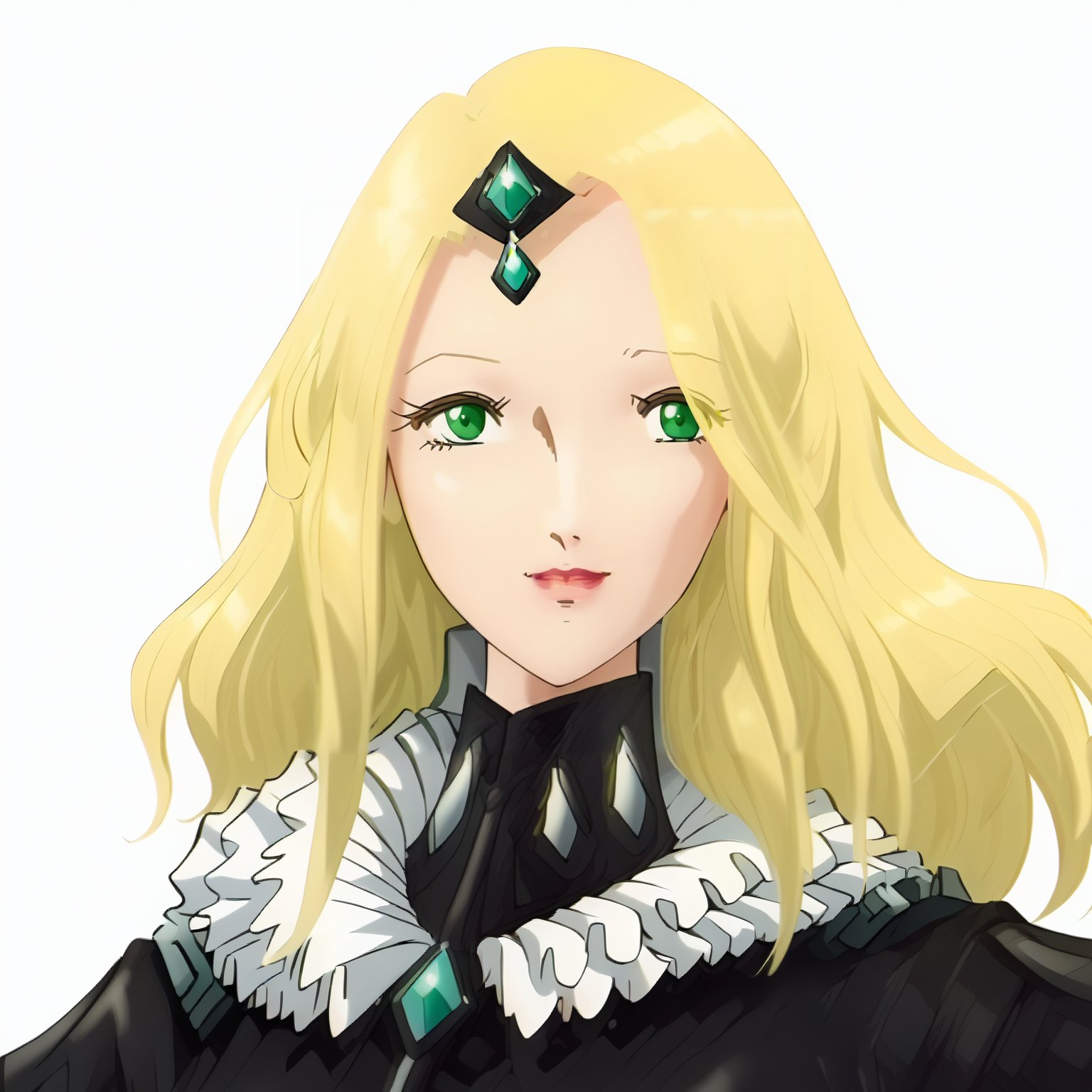 <lora:FatimaPasitheaXLpony002>,smile,solo,FatimaPasithea,1girl,blonde hair,long hair,green eyes,black body suit,black dress,long_sleeves,upper body,