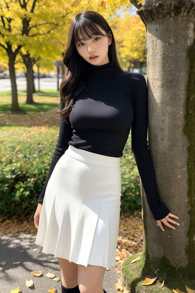 1girl,solo,photo background,outdoors,skirt,tree,standing,full body,long hair,autumn,day,looking at viewer,sweater,bangs,long sleeves,boots,sleeves past wrists,turtleneck,brown hair,realistic,lips,parted lips,shirt,black hair,socks,brown eyes,head tilt,autumn leaves,best quality,masterpiece,illustration,an extremely delicate and beautiful,CG,unity,8k wallpaper,Amazing,finely detail,masterpiece,official art,extremely detailed CG unity 8k wallpaper,incredibly absurdres,huge filesize,ultra-detailed,highres,extremely detailed,beautiful detailed girl,realistic,,<lora:Okamoto Hinana_20240503105030:0.8>