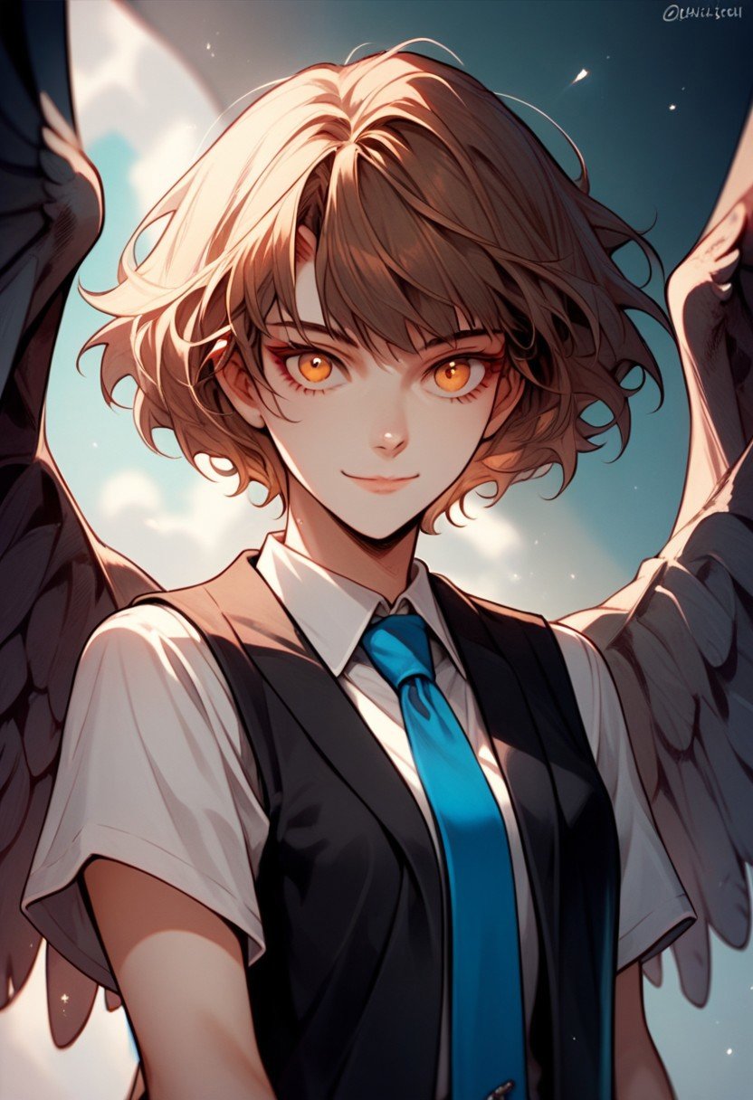 score_9,score_8_up,score_7_up,source_anime, Androssi Zahard,1girl,solo,looking at viewer,smile,shirt,closed mouth,school uniform,white shirt,upper body,short sleeves,wings,necktie,collared shirt,twitter username,vest,blue necktie,black vest,