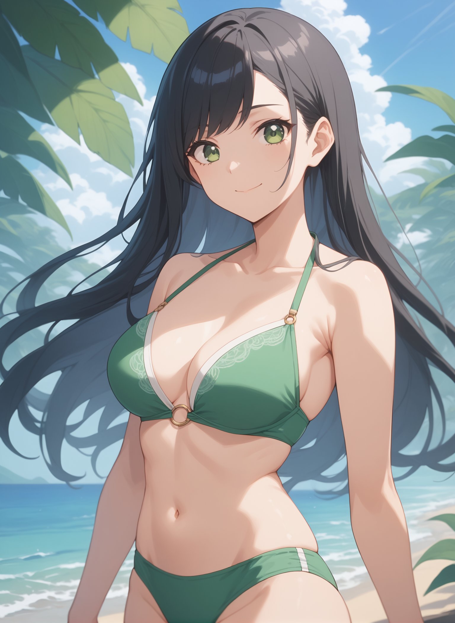 score_9, score_8_up, score_7_up, intricate details, source_anime, intricate details, highly detailed background, perfect lightingbest quality, takebayashiGTnH, solo, outdoors, beach, black hair, swept bangs, straight hair, long hair, green eyes, medium breasts, green bikini, swimsuit, smile, closed mouth, :), <lora:Takebayashi_Go-Tobun-no-Hanayome:0.7>, score_9, score_8_up, score_7_up, intricate details, source_anime, intricate details, highly detailed background, perfect lightingbest quality,