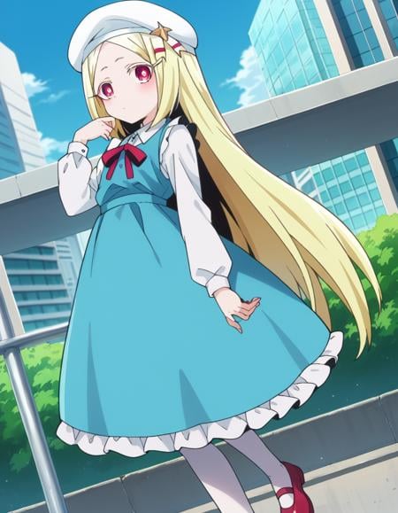 score_9, score_8_up, score_7_up, source_anime,morinokorisu, <lora:morino-korisu-ponyxl-lora-nochekaiser:1>morino korisu, long hair, blonde hair, red eyes, very long hair, bright pupils,shirt, long sleeves, hat, dress, white shirt, pantyhose, shoes, blue dress, beret, white headwear, red footwear, mary janes,outdoors, cityscape,looking at viewer, dutch angle, cowboy shot