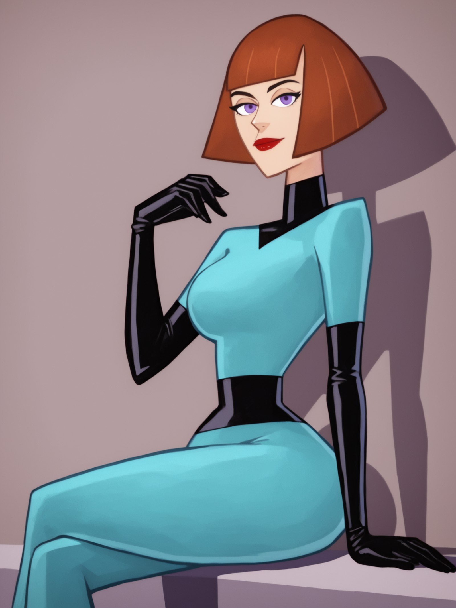 score_9, score_8_up, score_7_up, score_6_up, source_anime, 1girl, portrait, purple eyes, shadow, m_fenton, seductive pose, auburn hair, wide hips, small waist, big boobs, bob cut, sitting, blue rubber jumpsuit, black gloves, red lips, looking at viewer, realistic, watercolor, <lora:Maddie_Fenton_Danny_Phantom_LoRA_Pony:0.75>,  <lora:kaoming_Style_LoRA_PonySDXL:0.8>