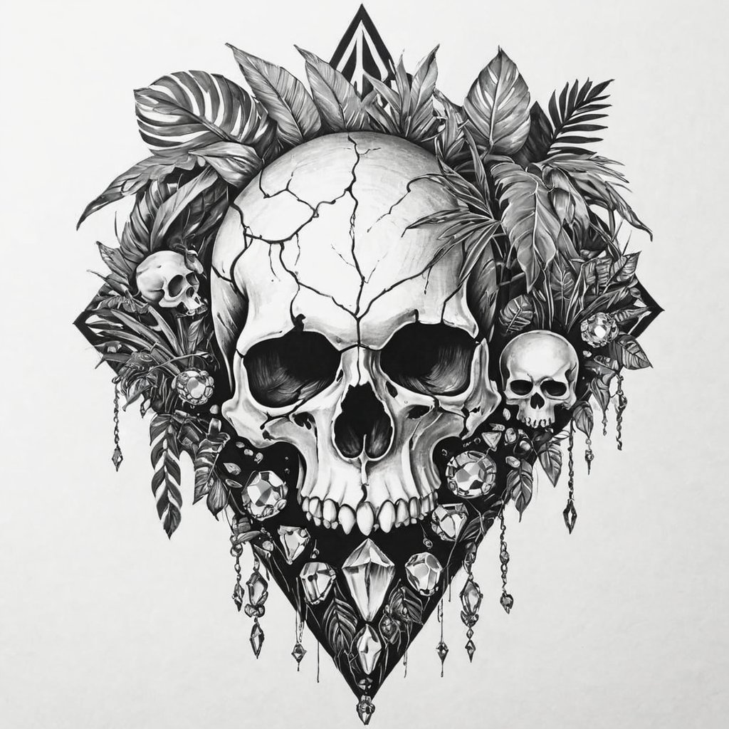 <lora:MinTattooXL-000034:1>, drawing of a minimalist landscape tattoo, skull, gems, jungle