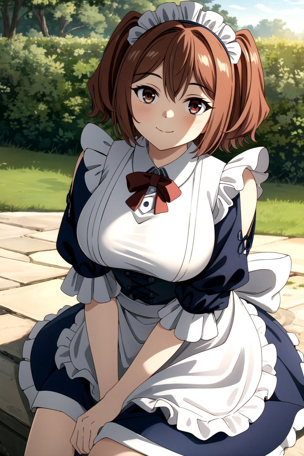 (masterpiece, best quality, highres, dynamic lighting), <lora:add_detail:0.4>, looking at viewer, blush, closed mouth, happy, mature female, large breasts, looking at viewer, outdoors, <lora:kanne:0.7>, two side up, short hair, kanne, maid, maid headdress