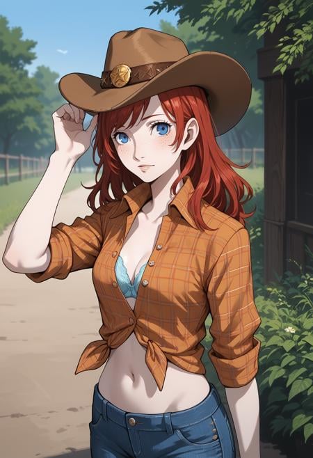 score_9, score_8_up, score_7_up, outdoors, 1girl, solo, looking at viewer, cowboy, cowboy hat, jeans, button up shirt, red hair, pale skin, freckles, blue eyes, navel, bra