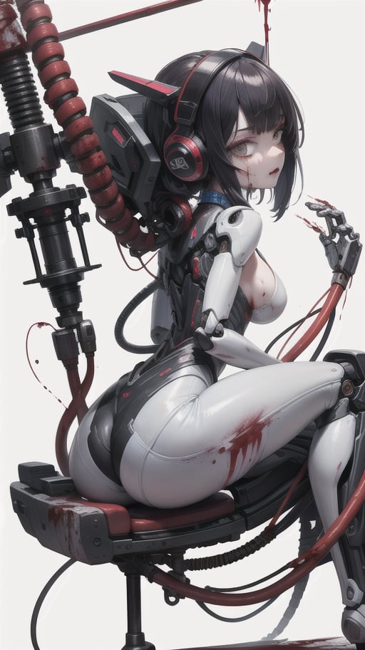 (masterpiece, top quality, best quality, official art, beautiful and aesthetic:1.2), (1girl:1.3), extreme detailed,colorful,highest detailed ((ultra-detailed)), (highly detailed CG illustration), ((an extremely delicate and beautiful)),(from side),cinematic light,((1mechanical girl)),solo,full body,boobs(machine made joints:1.2),((machanical limbs)),(blood vessels connected to tubes),(mechanical vertebra attaching to back),((mechanical cervial attaching to neck)),(sitting),expressionless,(wires and cables attaching to neck:1.2),(wires and cables on head:1.2)(character focus),science fiction,white background,(blood:1.5)