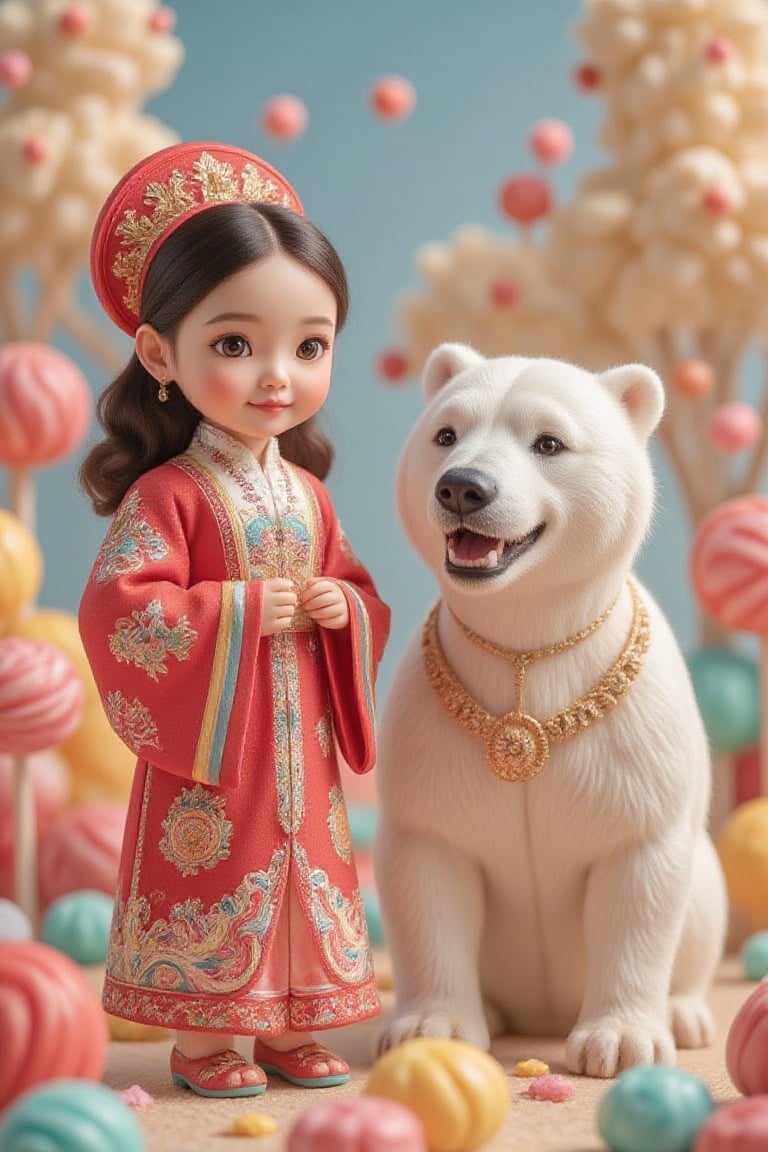 Here is the refined prompt:"Vibrant candy world, intricately detailed Vietnamese doll-like girl, surrounded by swirling lollipops and gumdrop trees, stands confidently with her majestic white bear companion, both adorned with intricate armor and regal attire, ready to face the ominous dark forces in an epic battle."