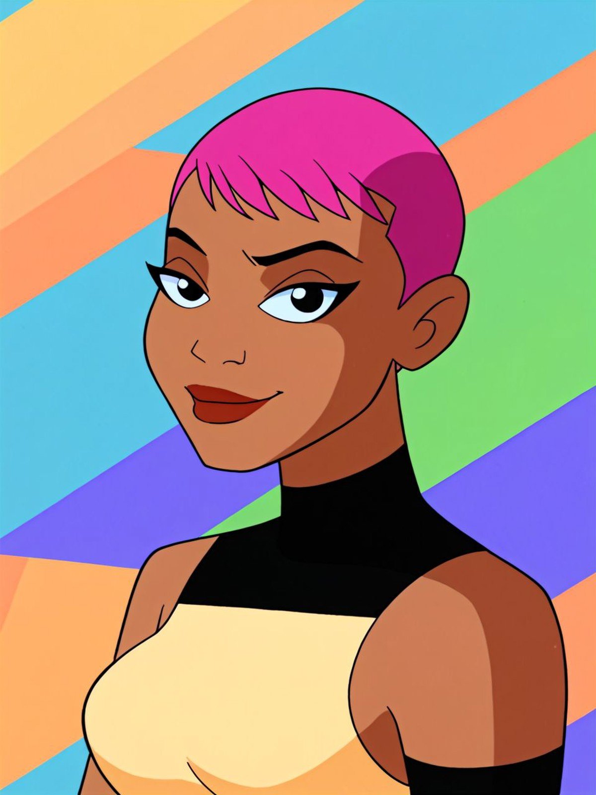 score_9,score_8_up,score_7_up,score_6_up, BREAKdark skin, short hair, pink hair, black eyes, lipstickyellow and black turtleneck, sleeveless, black armbandseated pose, (upper body:1.1), warm slight smile, closed mouth, looking at viewer, (arms to side:1.1)(portrait studio, colorful abstract background, textured portrait backdrop:1.1) <lora:maxBB:1> maxbb