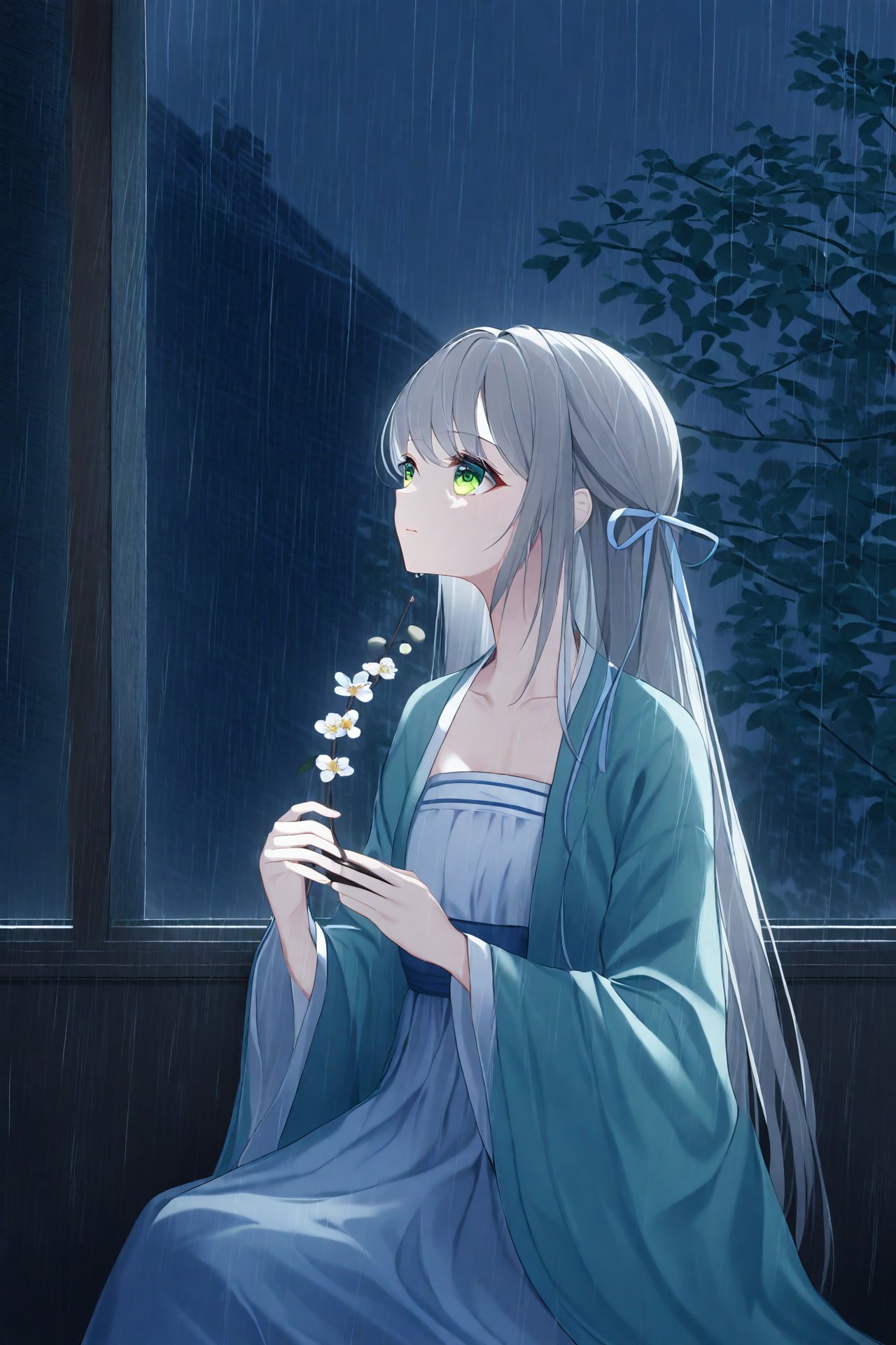 hanfu,1girl,solo,green eyes,chinese clothes,rain,flower,window,night,wide sleeves,ribbon,long sleeves,grey hair,long hair,hair ribbon,indoors,branch,collarbone,looking up,holding,sitting,closed mouth,