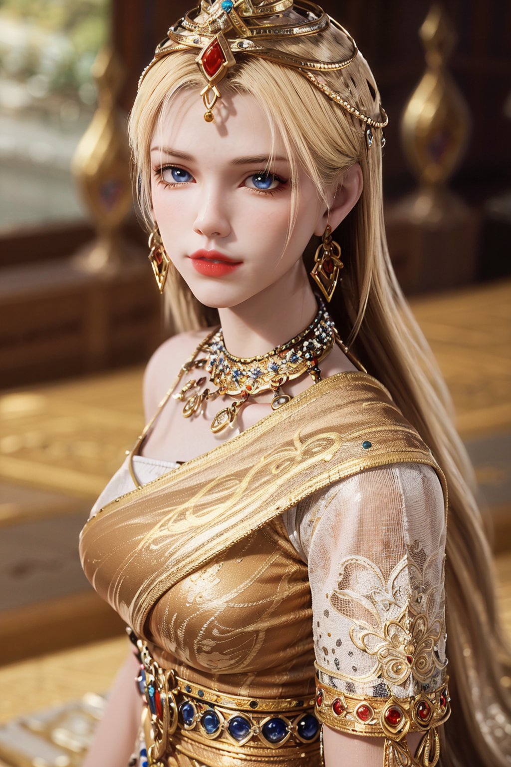 1girl, solo, long hair, looking at viewer, blue eyes, blonde hair, dress, jewelry, standing, earrings, indoors, necklace, bracelet, lips, gem, realistic, red lips, yellow dress<lora:EMS-380581-EMS:0.500000>, <lora:EMS-347738-EMS:0.700000>