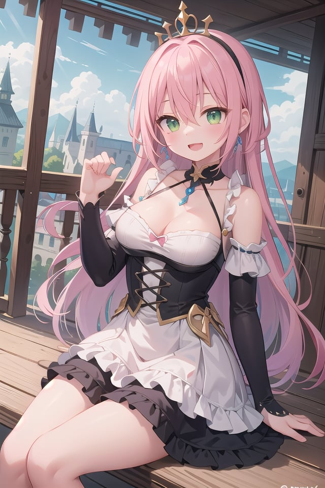 insanely detailed, absurdres, ultra-highres, ultra-detailed, best quality,1girl, solo, nice hands, perfect hands,BREAKprincess, princess dress with many frills, teara on hair,happy smile, laugh, open mouth,sitting, cute pose,from below, cowboy shot,BREAKslender, kawaii, perfect symmetrical face, ultra cute girl, ultra cute face, ultra detailed eyes, ultra detailed hair, ultra cute, ultra beautiful,BREAKon roof of castle, (fantasy world, castle, panorama view:1.3), depth of field,medium large breasts,BREAKpink hair, long hair, messy hair, green eyes, hair between eyes