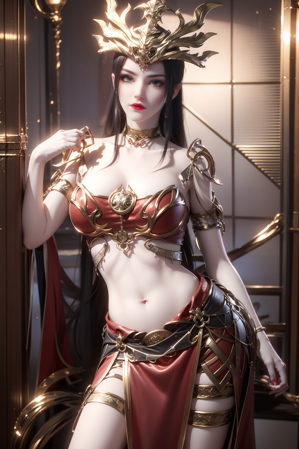 8k,RAW photo,best quality,masterpiece,hatching (texture),skin gloss,light persona,artbook,extremely detailed CG unity 8k wallpaper,official art,(high detailed skin),glossy skin,contrapposto,female focus,sexy,fine fabric emphasis,wall paper,1girl,solo,(red_dress:1.2),very long hair,hair ornament,midriff,navel,mdscr-hd,mdsq-hd,<lora:0413美杜莎皇冠12864x:0.8>,ll-hd,<lora:1111白皙质感:0.5>,ty-hd,<lora:0110田野:0.6>,<lora:泛光:0.3>,